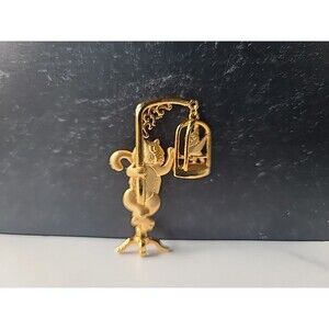 JJ Jonette Cat Reaching For Bird In Cage Shaped Gold Tone Metal Brooch Vintage